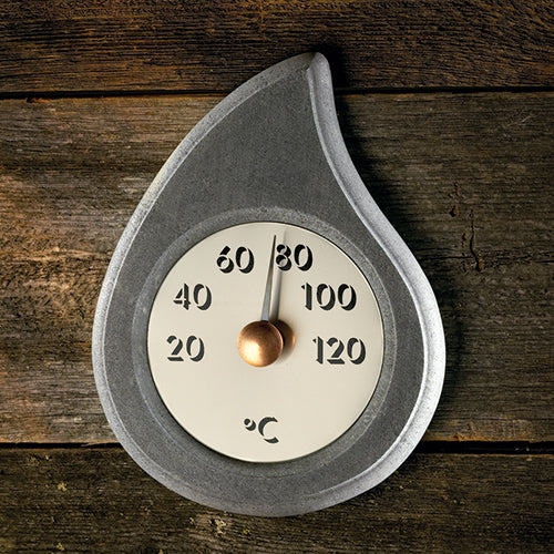 Hukka Finnish soapstone sauna accessory teardrop thermometer with brass knob and Celsius dial to 120