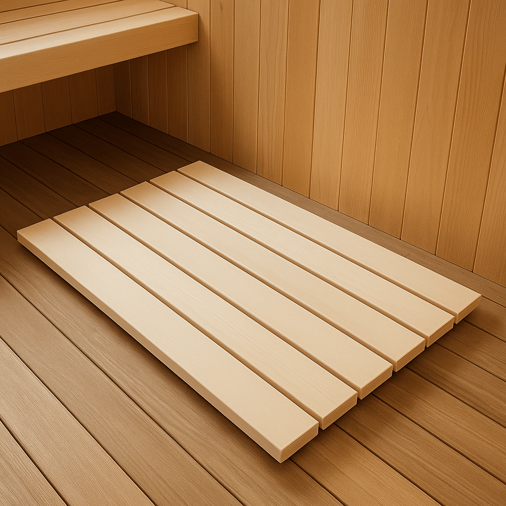 Sauna full floor kit made of natural wood planks for an authentic sauna experience