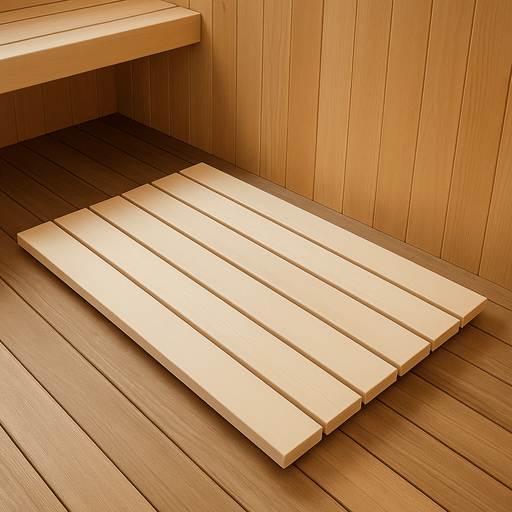Sauna full floor kit made of natural wood planks for an authentic sauna experience