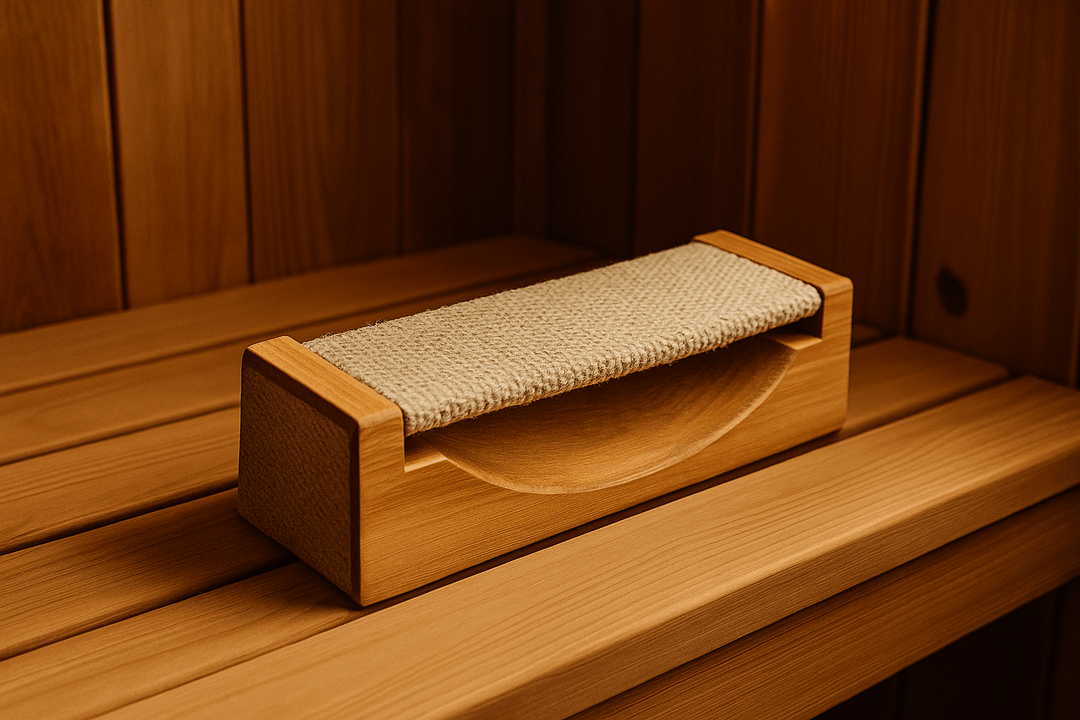 SaunaLife sauna headrest for home spa crafted from natural wood with a soft fabric top