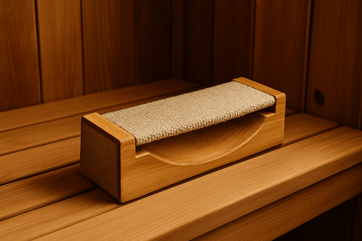 SaunaLife sauna headrest for home spa crafted from natural wood with a soft fabric top
