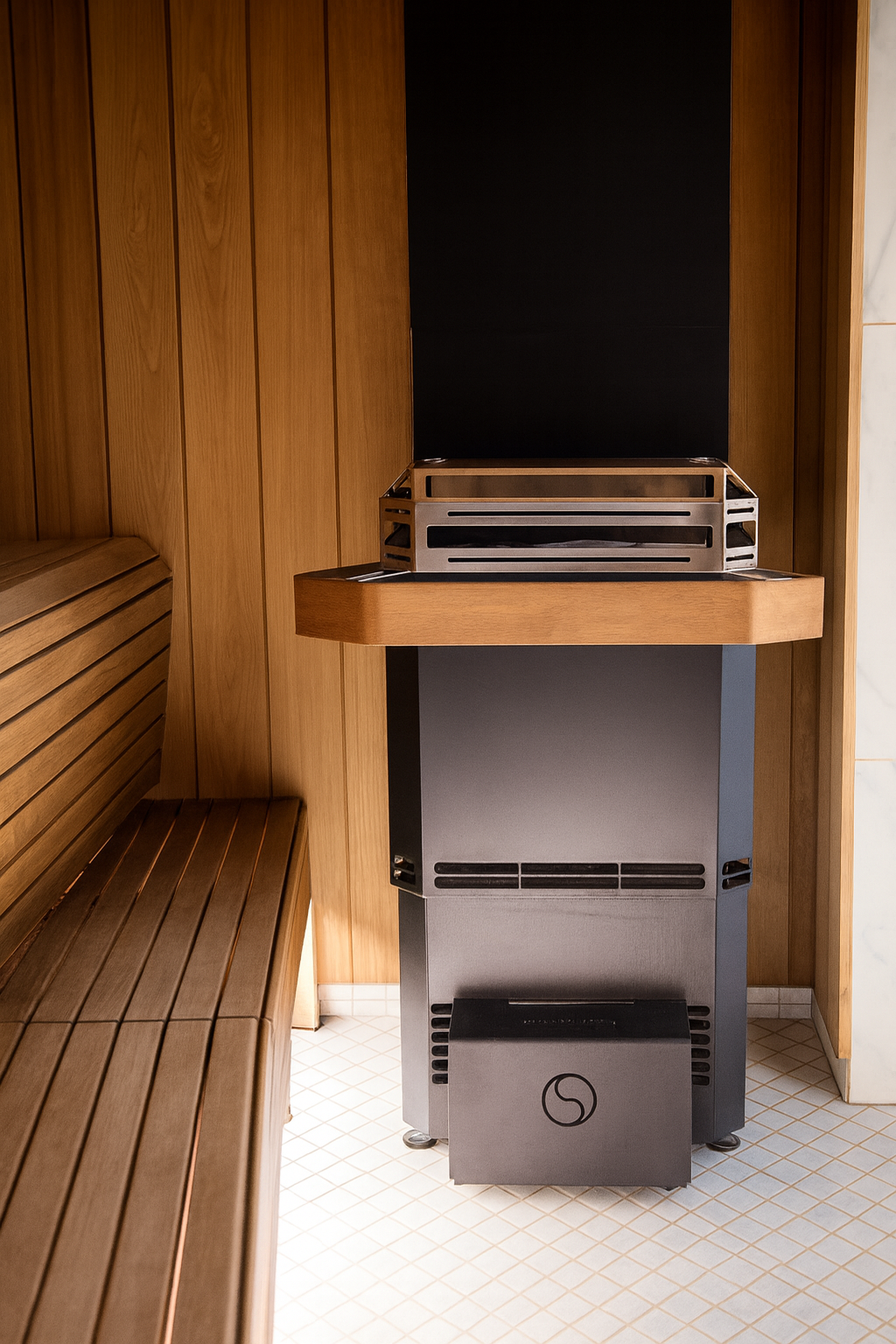 Saunum 13kW sauna heater with climate equalizer installed in a wooden sauna interior