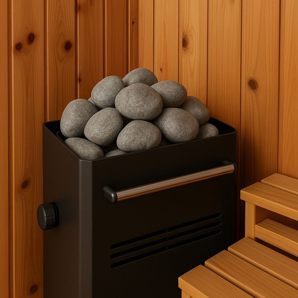 Saunum sauna heater stones piled in a black sauna heater for optimal steam generation
