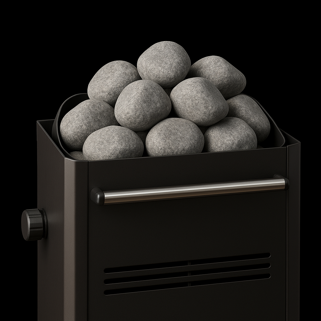 Saunum sauna heater stones stacked in a sleek black sauna heater for optimal heat retention