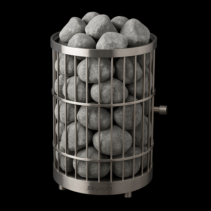Saunum stainless steel sauna heater stones in a wire basket for optimal heat retention