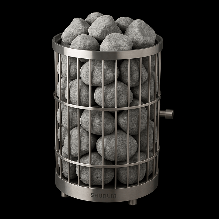 Saunum sauna heater stones in a stainless steel basket designed for efficient heat retention