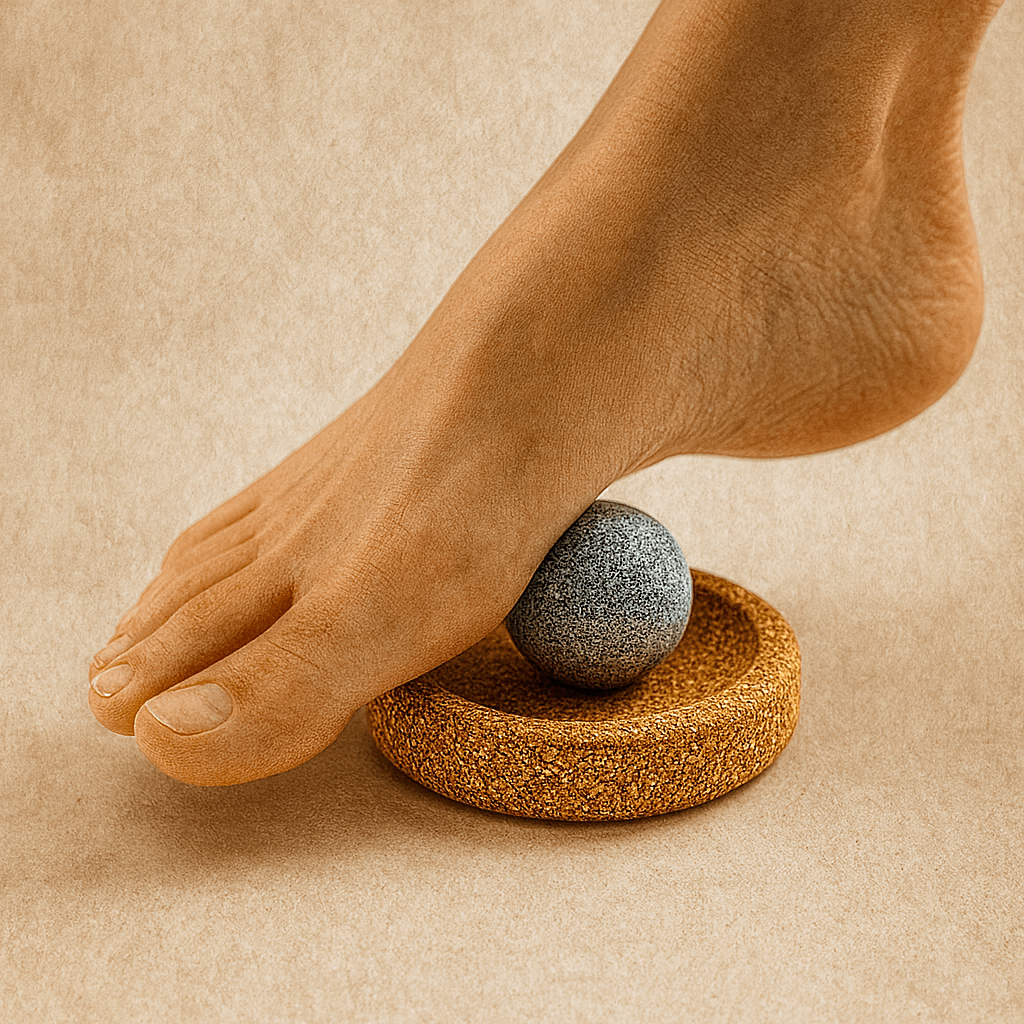 Hukka sauna massage sphere positioned on a cork base with a foot applying pressure for relaxation