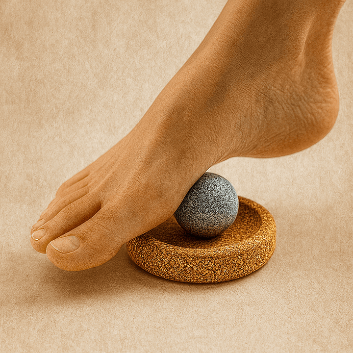 Hukka sauna massage sphere positioned on a cork base with a foot applying pressure for relaxation