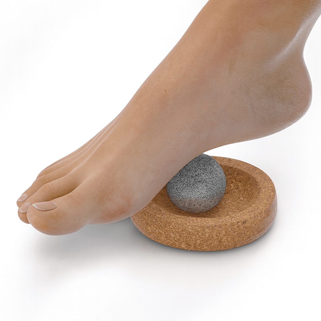 Hukka sauna massage sphere on a cork base with a foot pressing down for relaxation