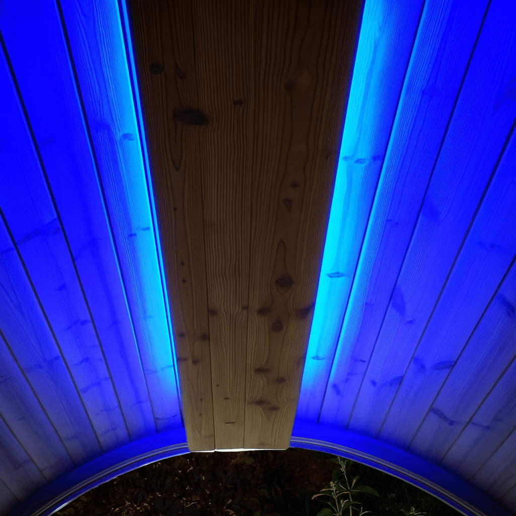 Sauna RGB LED lighting kit installed in a wooden sauna for ambient lighting and relaxation