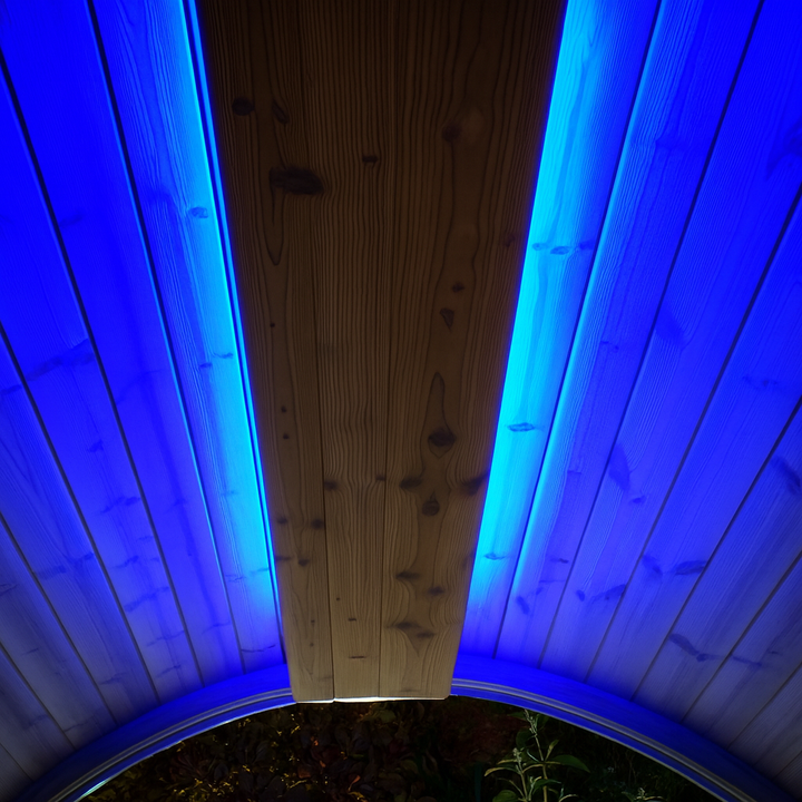 SaunaLife sauna RGB LED lighting kit installed on wooden sauna ceiling emitting blue light
