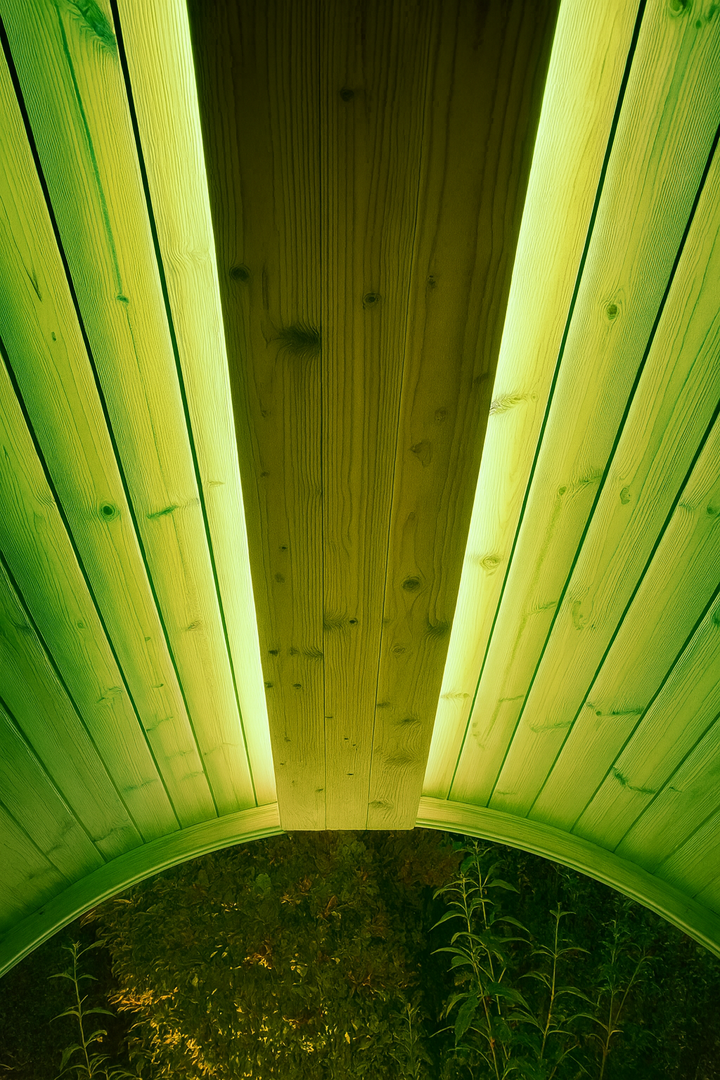 SaunaLife accessory sauna RGB LED lighting kit installed on wooden sauna ceiling glowing green