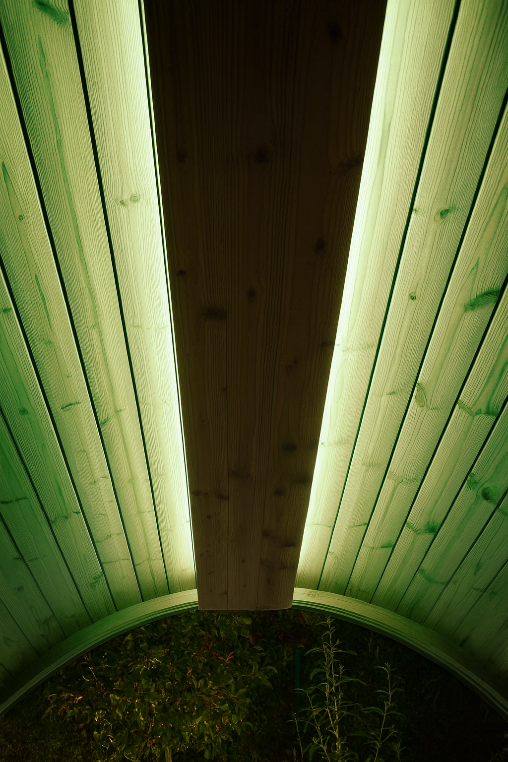 SaunaLife sauna RGB LED lighting kit installed on wooden sauna ceiling with green light glow