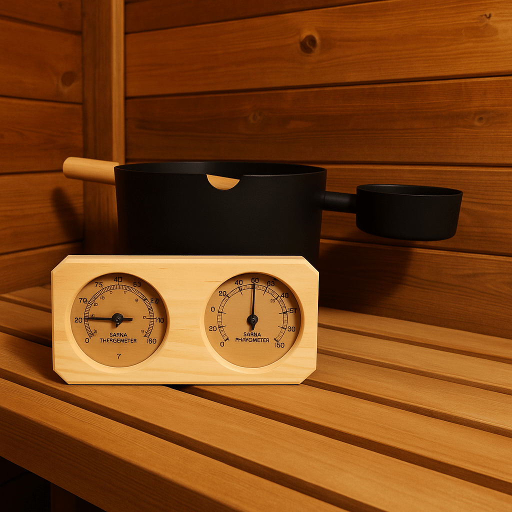 SaunaLife sauna thermometer and hygrometer bundle with wooden casing for accurate readings