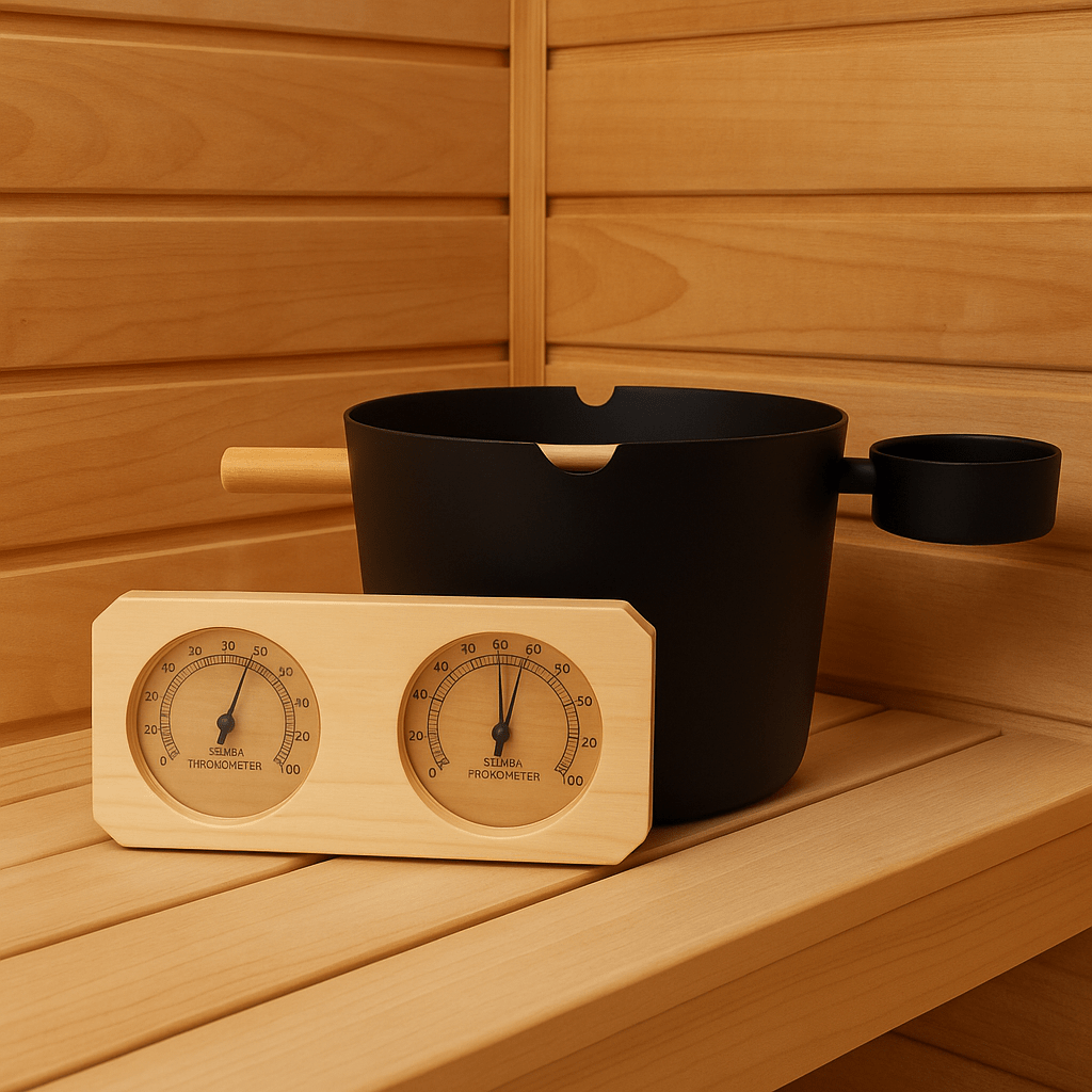 SaunaLife sauna thermometer and hygrometer bundle displayed on a wooden bench beside a black sauna bucket