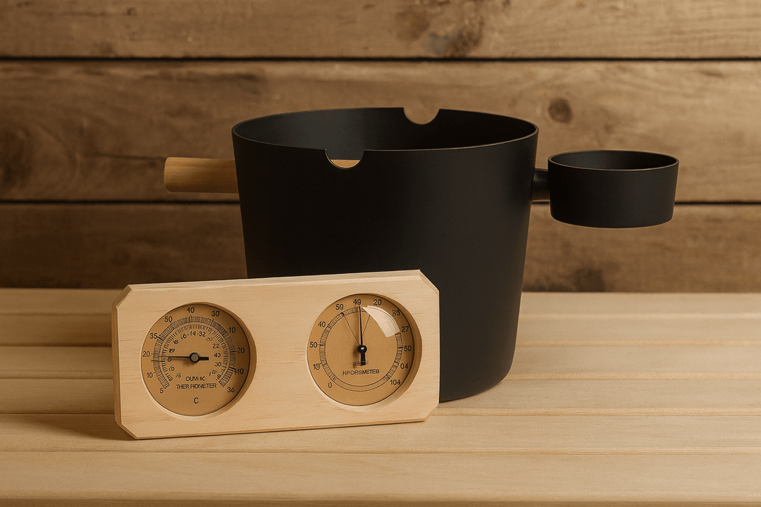 Sauna thermometer and hygrometer bundle with wooden frame and sleek black sauna bucket
