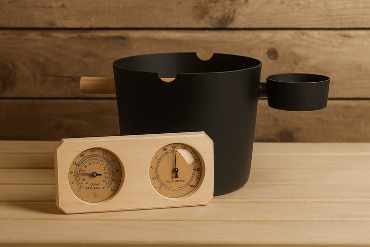Sauna thermometer and hygrometer bundle with wooden frame and sleek black sauna bucket