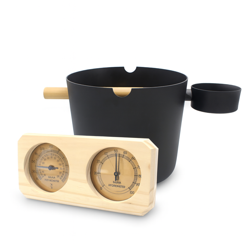 SaunaLife sauna thermometer and hygrometer bundle with wooden dials and black sauna bucket accessory