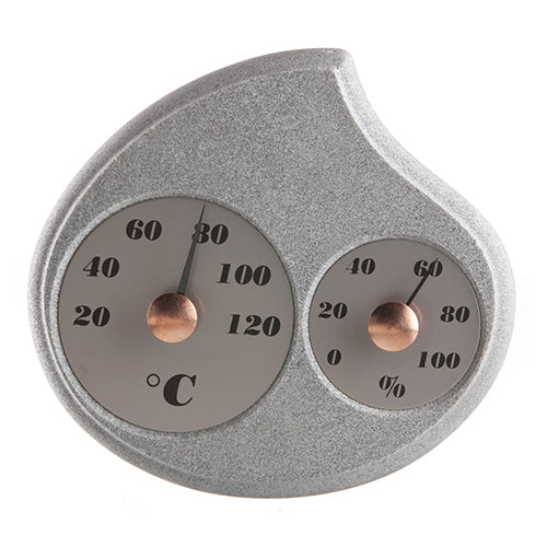 Hukka sauna thermometer and hygrometer accessory with gray textured casing and copper dials