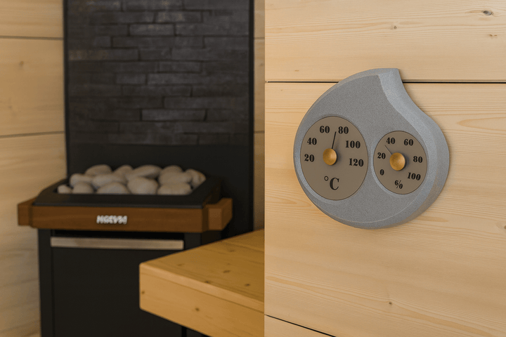 Hukka sauna thermometer and hygrometer on wooden sauna wall for accurate temperature and humidity readings