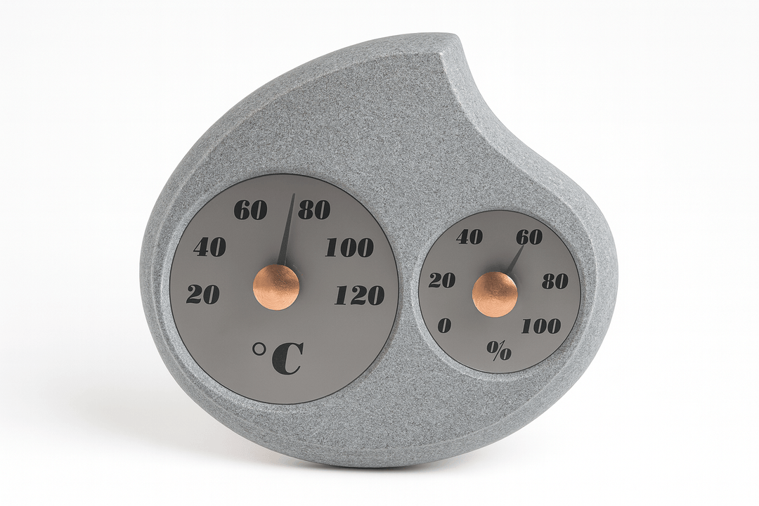 Hukka Sauna Thermometer and Hygrometer in a unique stone design for accurate temperature and humidity readings