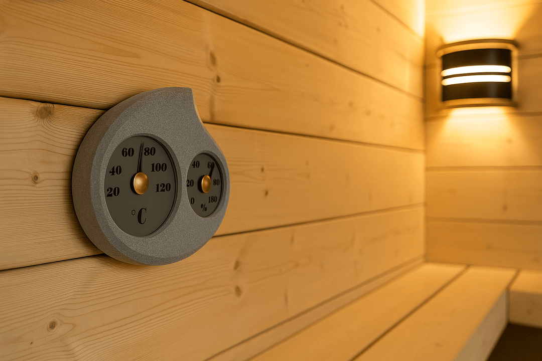 Hukka sauna thermometer and hygrometer with dual dials designed for accurate sauna climate monitoring