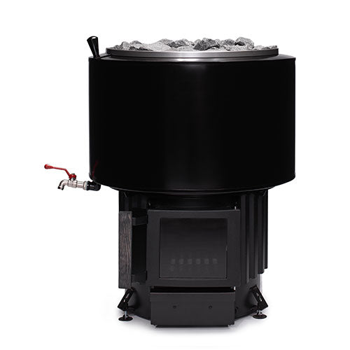 Narvi black wood-burning sauna stove with water tap and stone holder for traditional sauna heating