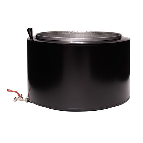 Narvi black wood-burning sauna stove with water tank and red valve for sauna heating
