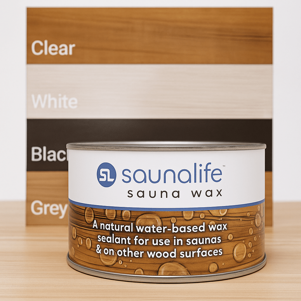 SaunaLife sauna wood wax can for sealing saunas and wood surfaces, showcasing various color options in the background.