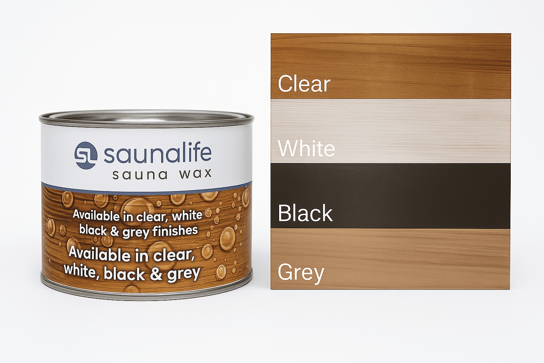 SaunaLife sauna wood wax in a tin with color samples including clear, white, black and grey finishes.