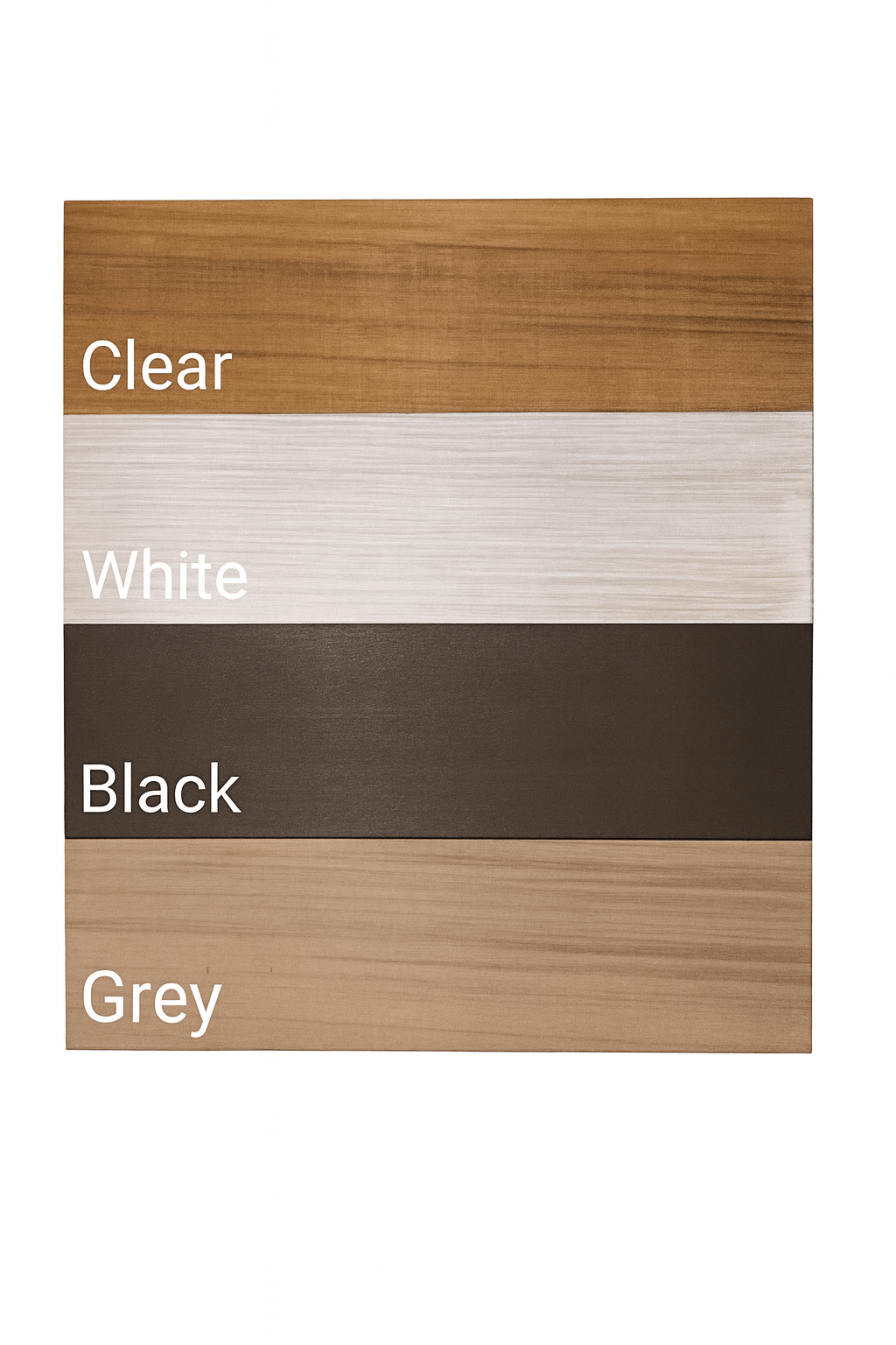 Variety of SaunaLife sauna wood wax samples in Clear, White, Black, and Grey finishes for wood care