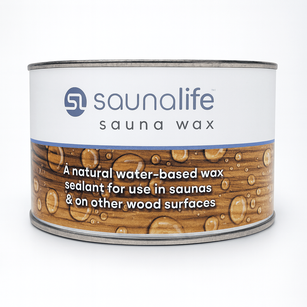 SaunaLife sauna wood wax in a can, a natural water-based wax sealant for saunas and wood surfaces