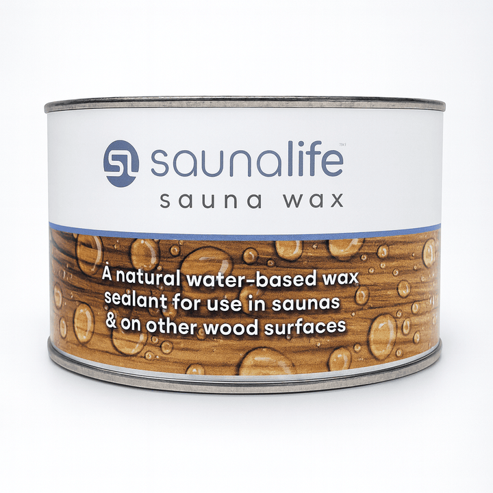 SaunaLife sauna wood wax in a can, a natural water-based wax sealant for saunas and wood surfaces