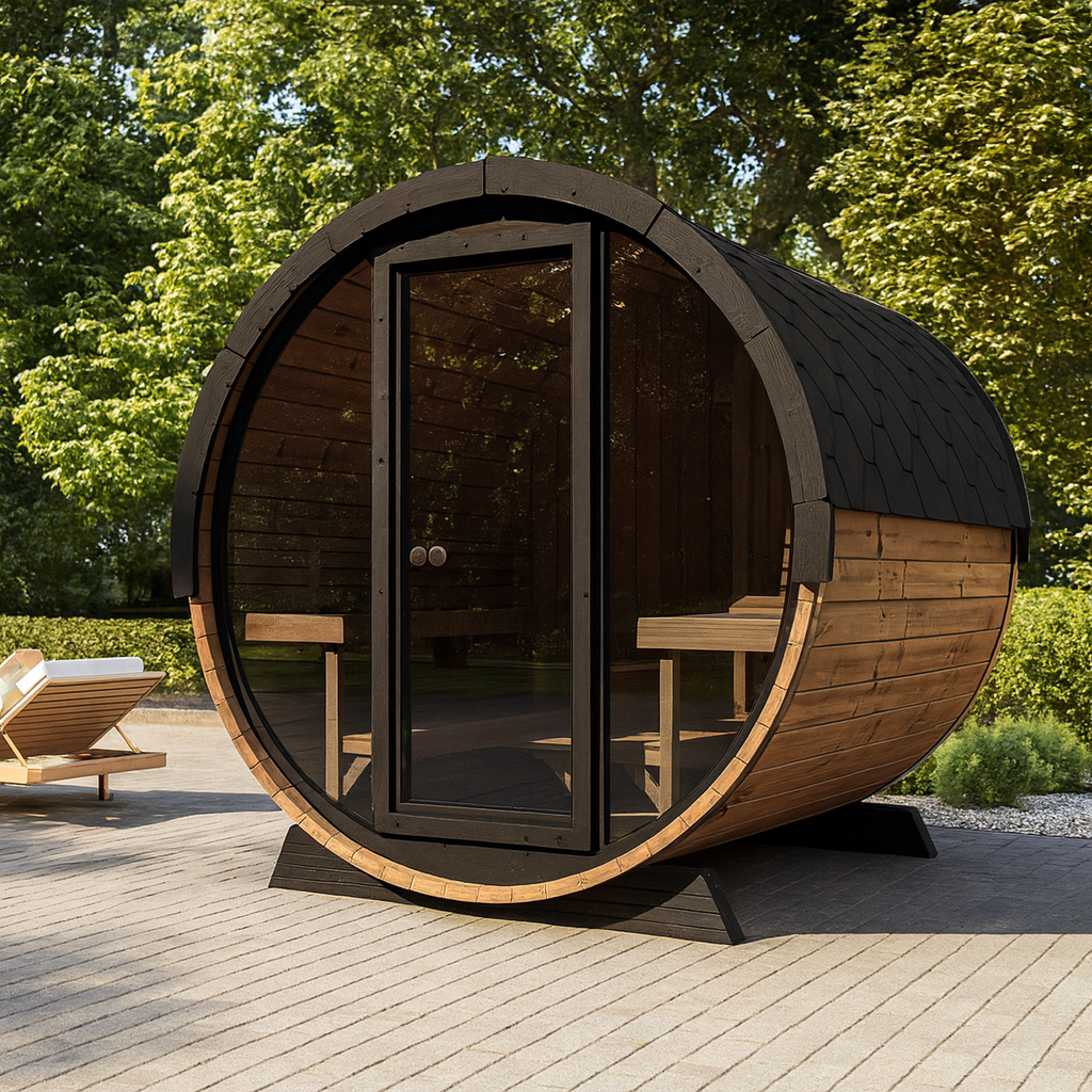 SaunaLife luxury outdoor barrel sauna with glass door and interior benches on a sunlit patio