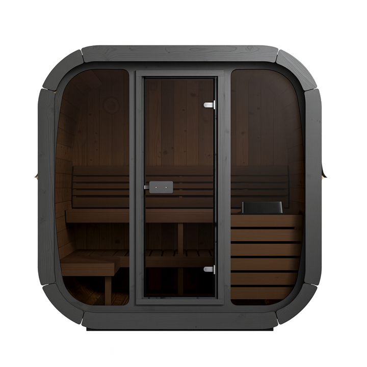 SaunaLife CL5G Cube-Series traditional sauna with black frame and glass door showing wooden interior benches
