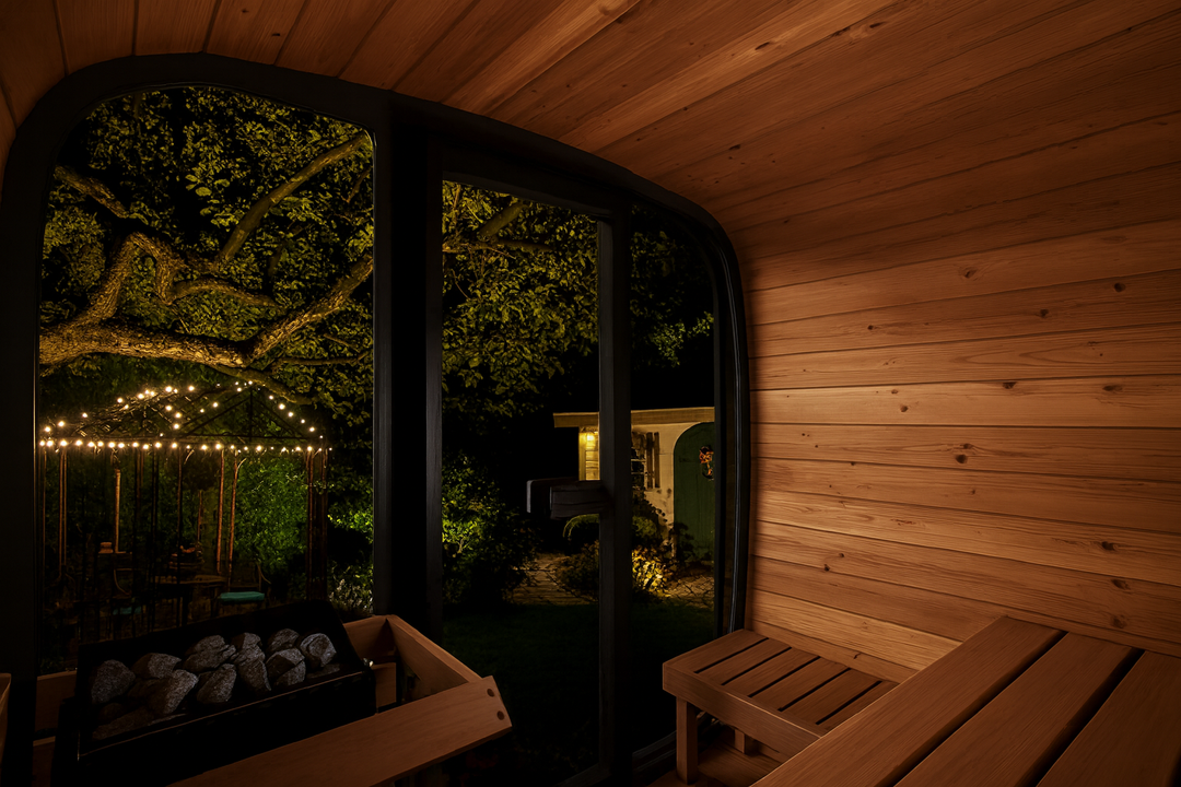 SaunaLife CL5G Cube-Series traditional sauna interior with wooden benches and large curved glass window