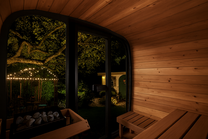 SaunaLife CL5G Cube-Series traditional sauna interior with wooden benches and large curved glass window
