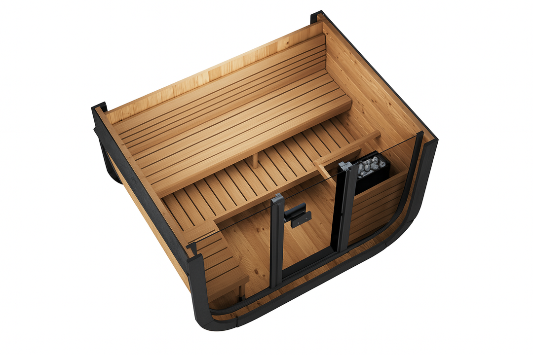 SaunaLife CL5G Cube-Series traditional sauna with wooden interior and glass door