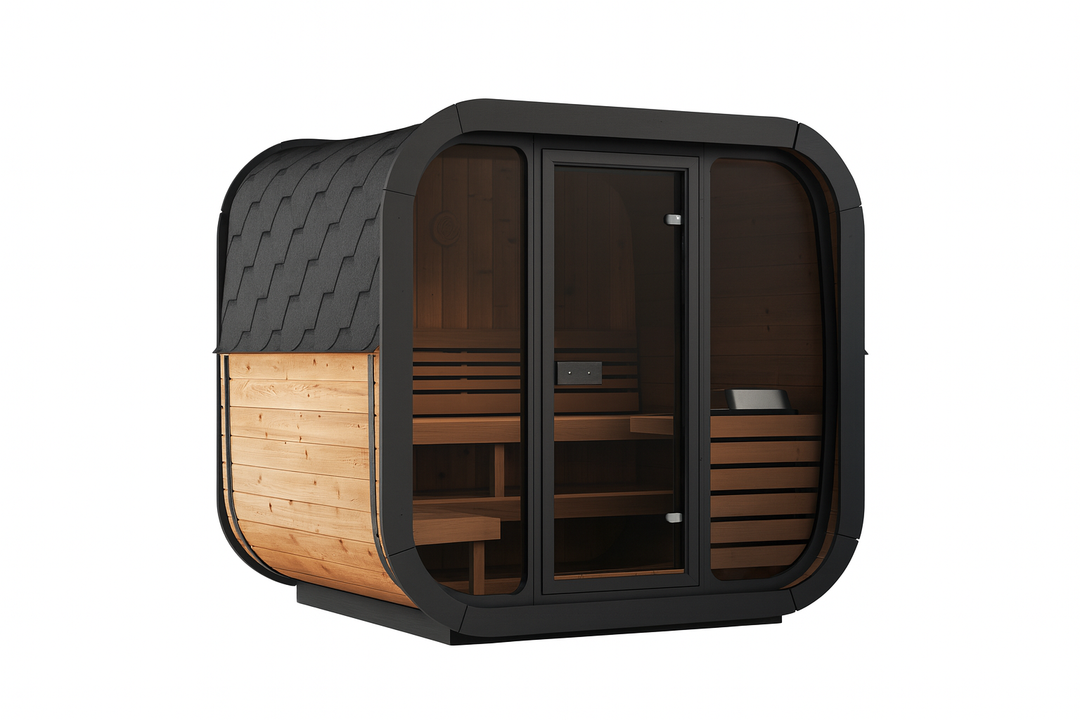 SaunaLife CL5G Cube-Series traditional sauna with wooden interior and black exterior frame