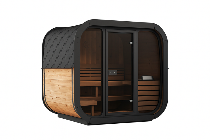SaunaLife CL5G Cube-Series traditional sauna with wooden interior and black exterior frame