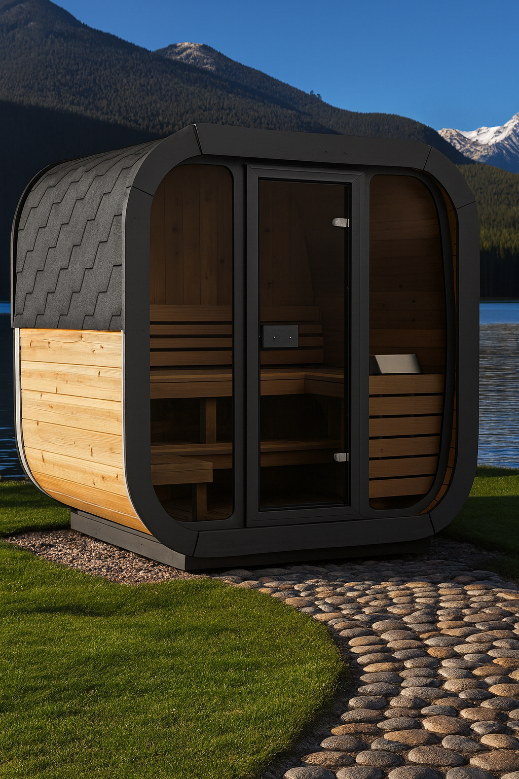 SaunaLife CL5G Cube-Series traditional sauna with glass door and wooden interior by a lakeside