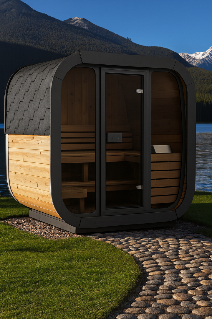 SaunaLife CL5G Cube-Series traditional sauna with glass door and wooden interior by a lakeside