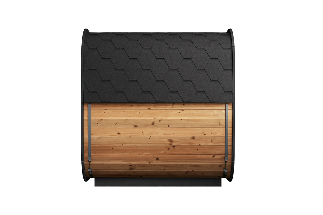 SaunaLife CL5G Cube-Series traditional sauna with wooden barrel design and black shingled roof