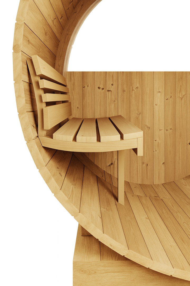 Interior view of SaunaLife E6W ERGO Series barrel sauna showing wooden bench and curved walls