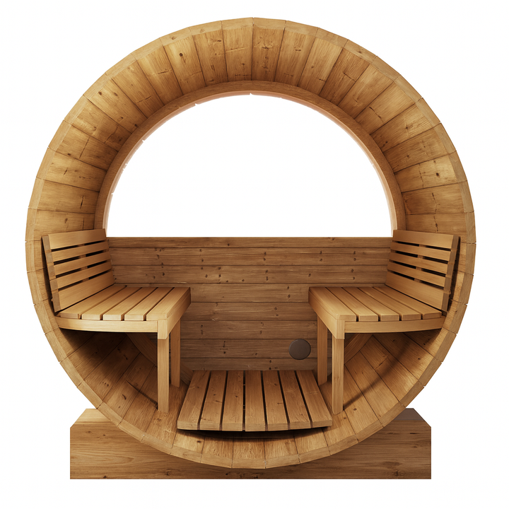 SaunaLife E6W ERGO Series barrel sauna with wooden interior and two bench seats