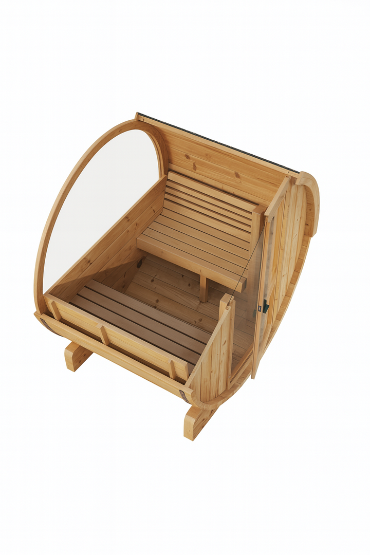 SaunaLife E6W ERGO Series barrel sauna with ergonomic wooden interior and curved glass door