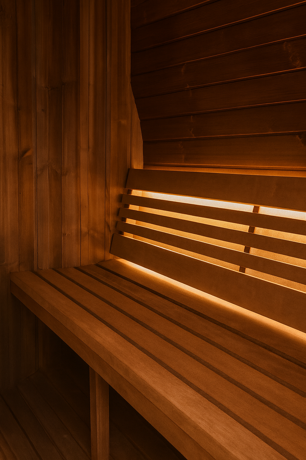 Interior wooden bench and backrest with warm lighting inside SaunaLife E6W ERGO Series barrel sauna