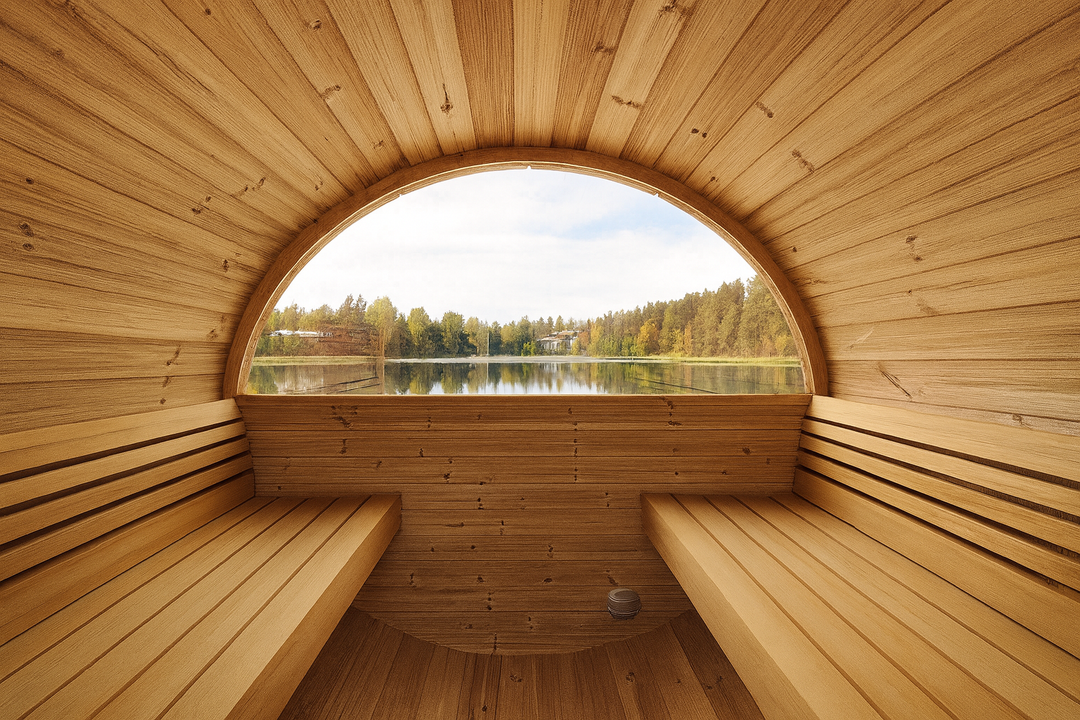 Interior view of SaunaLife E6W ERGO Series barrel sauna with wooden benches and scenic lakeside window