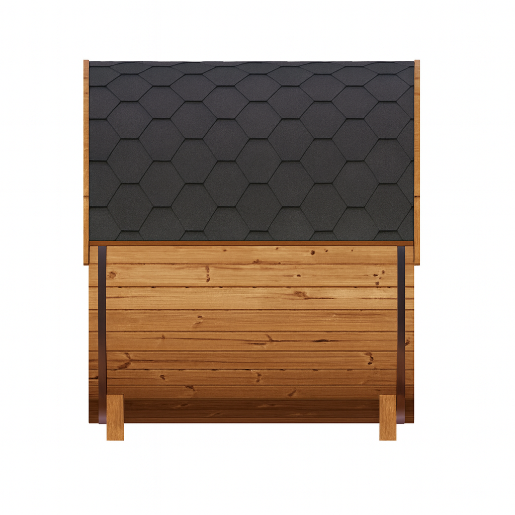 SaunaLife E6W ERGO Series barrel sauna front view with wooden panels and black hexagonal roof shingles