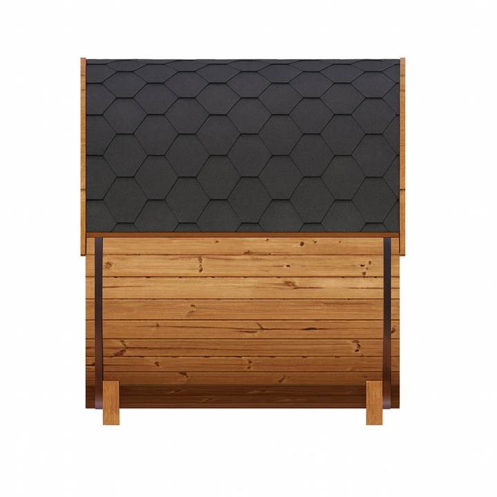 SaunaLife E6W ERGO Series barrel sauna front view with wooden panels and black hexagonal roof shingles